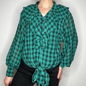 Byinns Plaid Green black Print Ruffle Tie Button Front Blouse Small